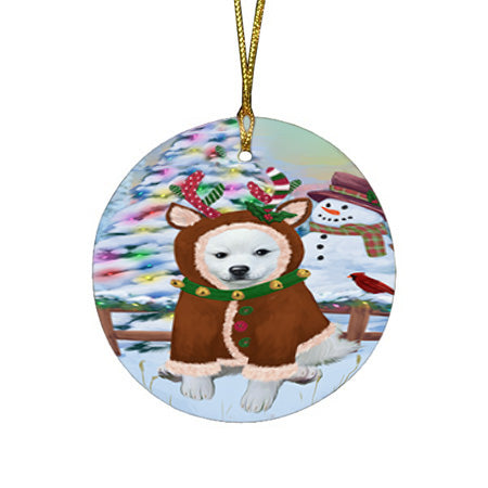Christmas Gingerbread House Candyfest American Eskimo Dog Round Flat Christmas Ornament RFPOR56491