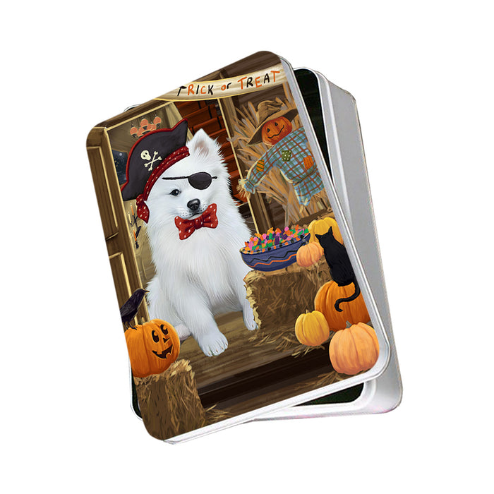Enter at Own Risk Trick or Treat Halloween American Eskimo Dog Photo Storage Tin PITN52941