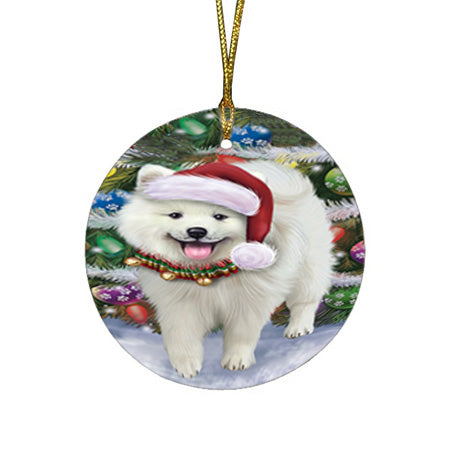 Trotting in the Snow American Eskimo Dog Round Flat Christmas Ornament RFPOR54677