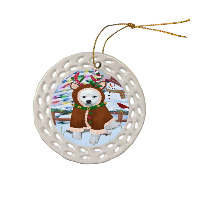 Christmas Gingerbread House Candyfest American Eskimo Dog Ceramic Doily Ornament DPOR56491
