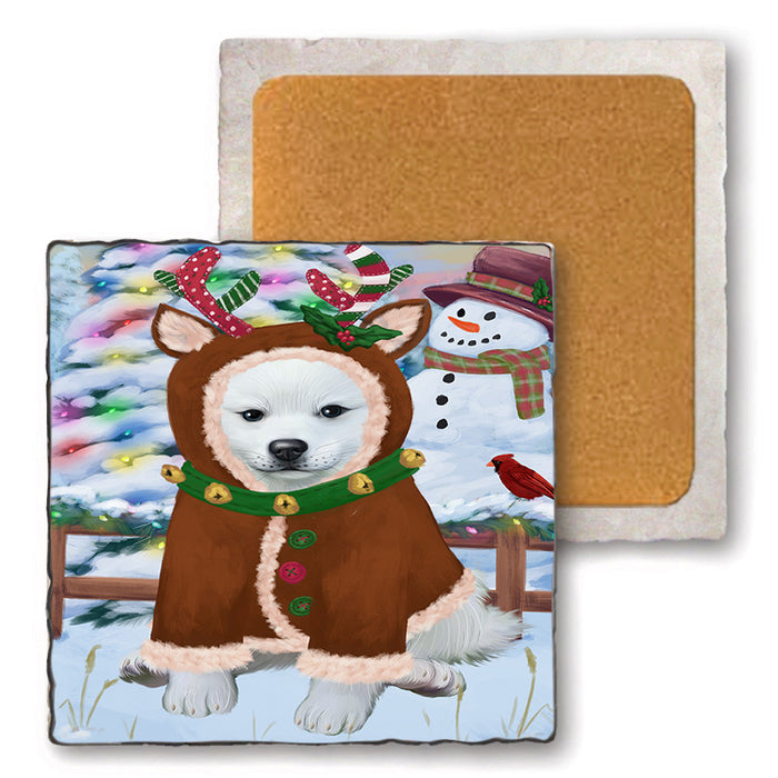 Christmas Gingerbread House Candyfest American Eskimo Dog Set of 4 Natural Stone Marble Tile Coasters MCST51135