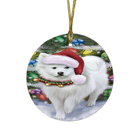 Trotting in the Snow American Eskimo Dog Round Flat Christmas Ornament RFPOR54678