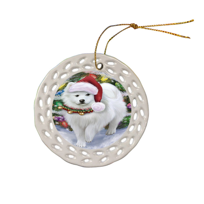 Trotting in the Snow American Eskimo Dog Ceramic Doily Ornament DPOR54687