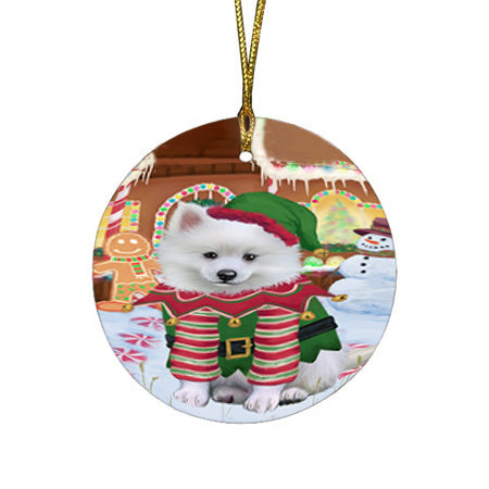 Christmas Gingerbread House Candyfest American Eskimo Dog Round Flat Christmas Ornament RFPOR56492