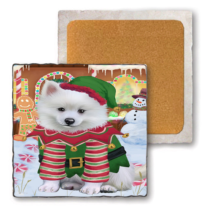Christmas Gingerbread House Candyfest American Eskimo Dog Set of 4 Natural Stone Marble Tile Coasters MCST51136