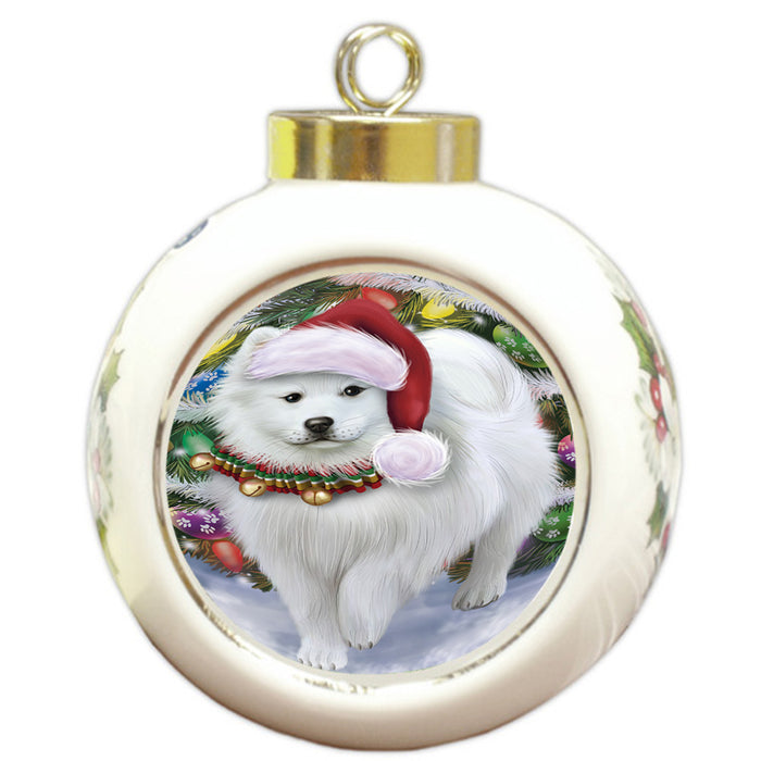 Trotting in the Snow American Eskimo Dog Round Ball Christmas Ornament RBPOR54687