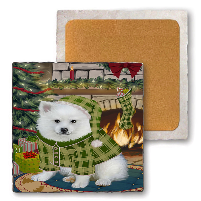 The Stocking was Hung American Eskimo Dog Set of 4 Natural Stone Marble Tile Coasters MCST50163