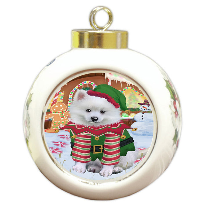 Christmas Gingerbread House Candyfest American Eskimo Dog Round Ball Christmas Ornament RBPOR56492