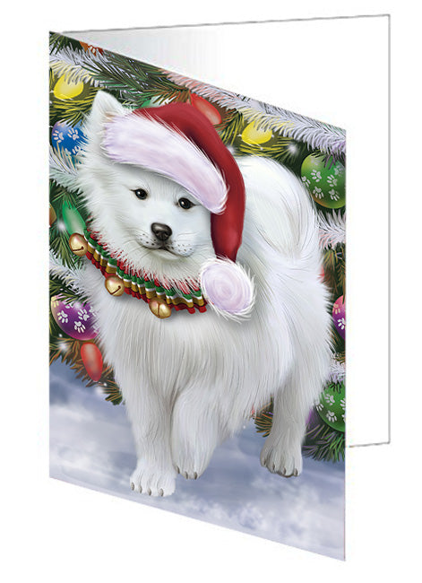 Trotting in the Snow American Eskimo Dog Handmade Artwork Assorted Pets Greeting Cards and Note Cards with Envelopes for All Occasions and Holiday Seasons GCD68090