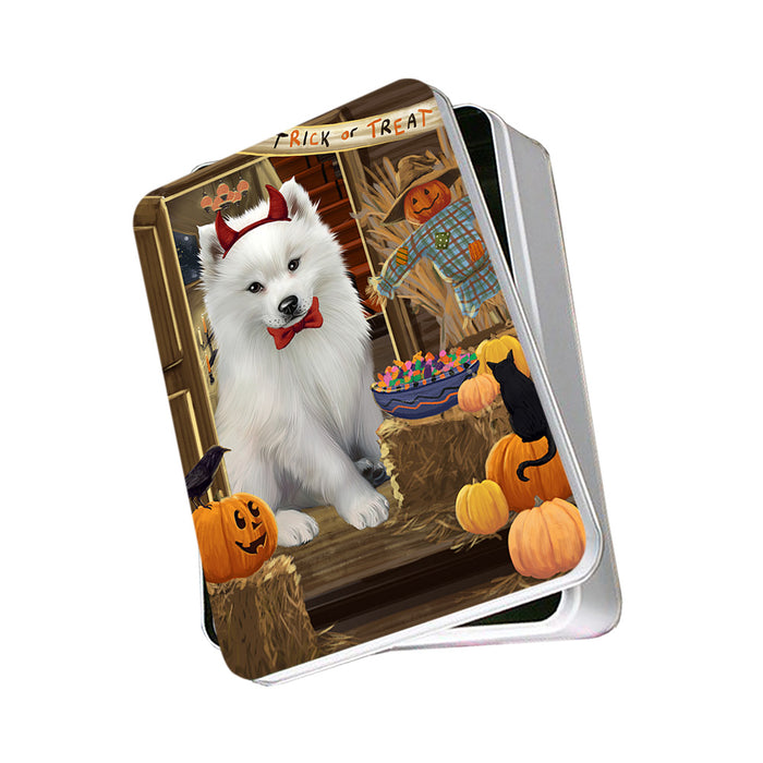 Enter at Own Risk Trick or Treat Halloween American Eskimo Dog Photo Storage Tin PITN52942