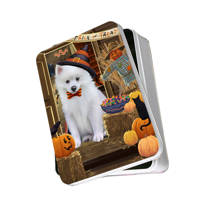 Enter at Own Risk Trick or Treat Halloween American Eskimo Dog Photo Storage Tin PITN52943