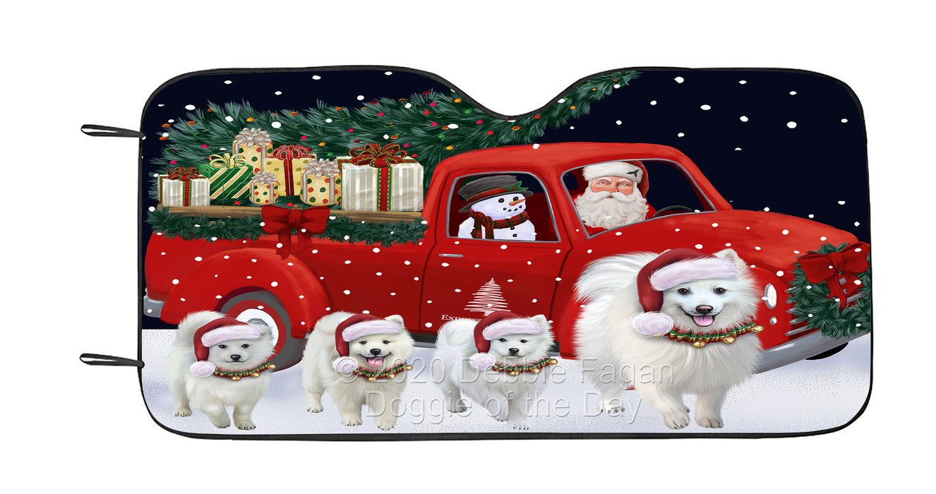 Christmas Express Delivery Red Truck Running American Eskimo Dog Car Sun Shade Cover Curtain