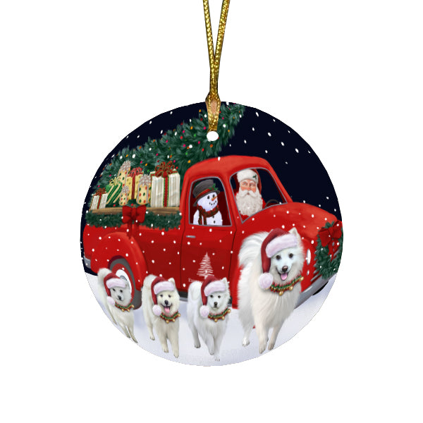 Christmas Express Delivery Red Truck Running American Eskimo Dogs Round Flat Christmas Ornament RFPOR57719