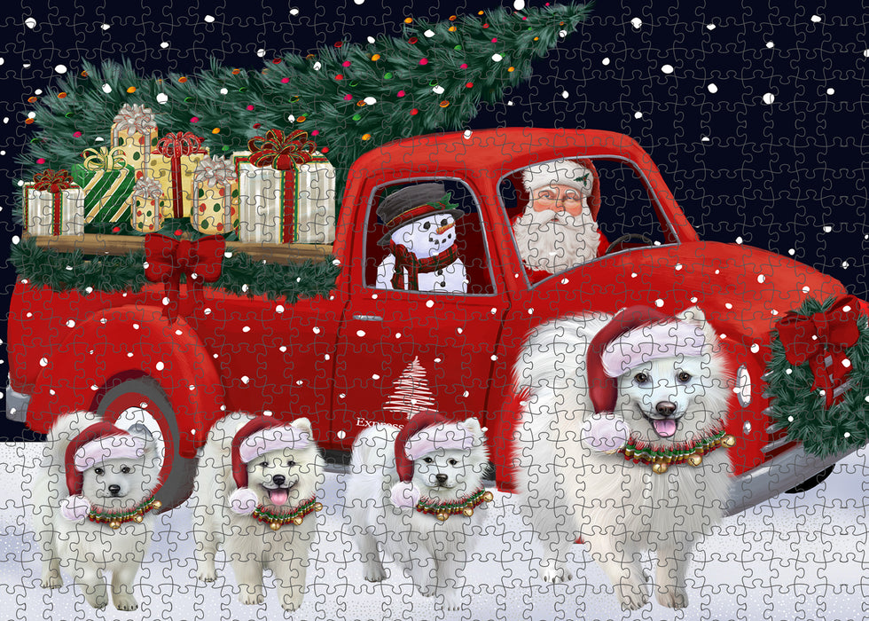 Christmas Express Delivery Red Truck Running American Eskimo Dogs Puzzle with Photo Tin PUZL99576