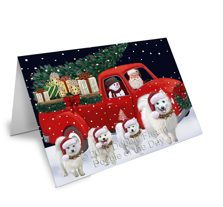 Christmas Express Delivery Red Truck Running American Eskimo Dogs Handmade Artwork Assorted Pets Greeting Cards and Note Cards with Envelopes for All Occasions and Holiday Seasons GCD75044