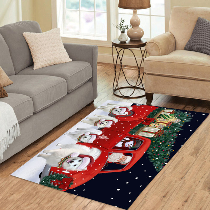 Christmas Express Delivery Red Truck Running American Eskimo Dogs Polyester Area Rug ARUG62694