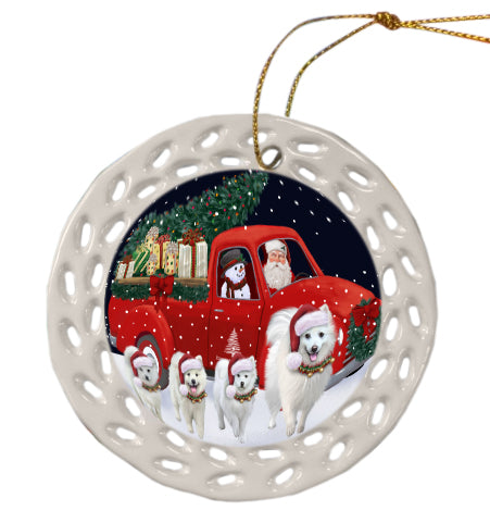 Christmas Express Delivery Red Truck Running American Eskimo Dog Doily Ornament DPOR59236