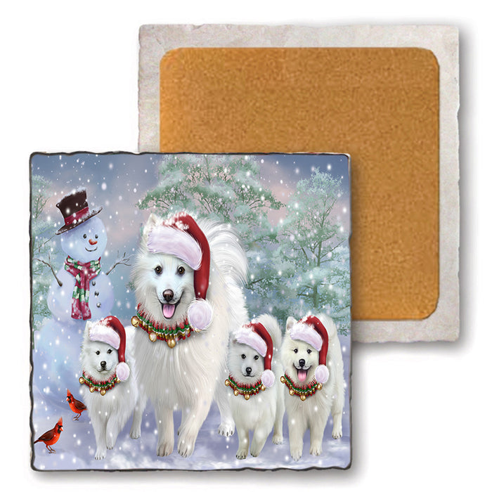 Christmas Running Family Dogs American Eskimos Dog Set of 4 Natural Stone Marble Tile Coasters MCST49217