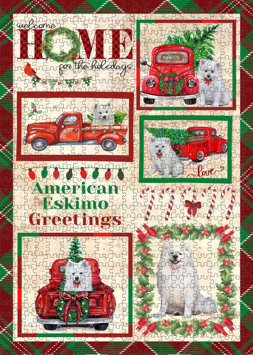 Welcome Home for Christmas Holidays American Eskimo Dogs Portrait Jigsaw Puzzle for Adults Animal Interlocking Puzzle Game Unique Gift for Dog Lover's with Metal Tin Box