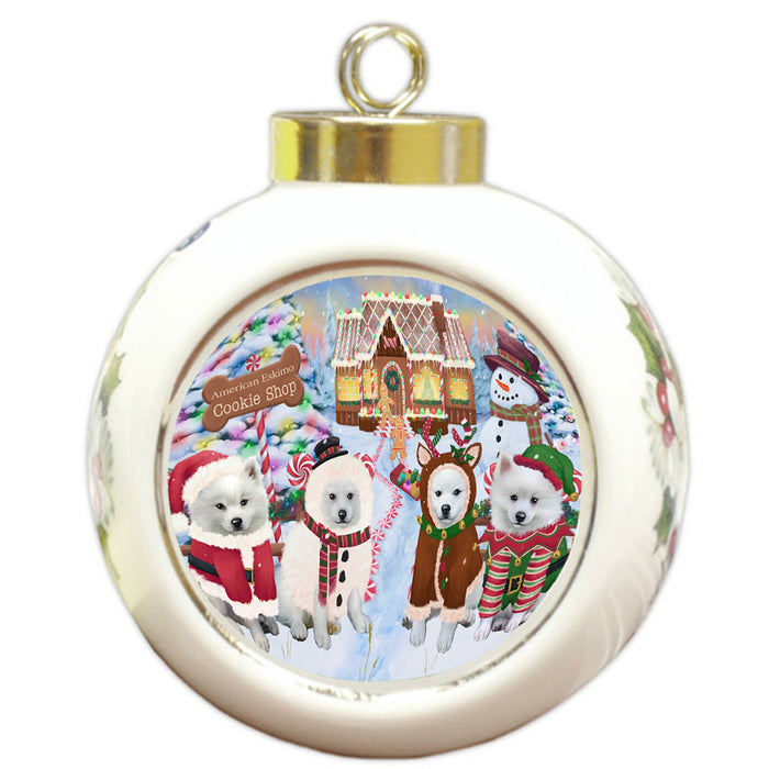 Holiday Gingerbread Cookie Shop American Eskimos Dog Round Ball Christmas Ornament RBPOR56450