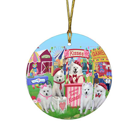 Carnival Kissing Booth American Eskimos Dog Round Flat Christmas Ornament RFPOR56128