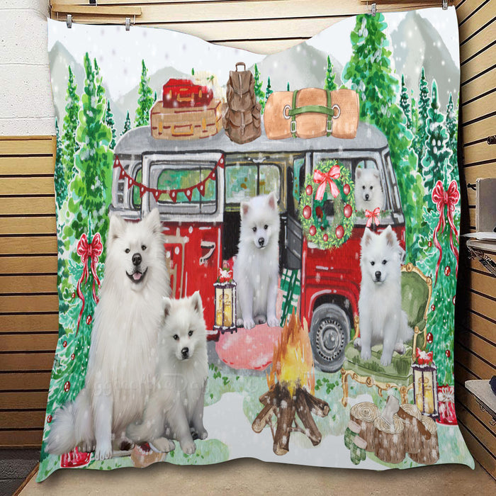 Christmas Time Camping with American Eskimo Dogs  Quilt Bed Coverlet Bedspread - Pets Comforter Unique One-side Animal Printing - Soft Lightweight Durable Washable Polyester Quilt