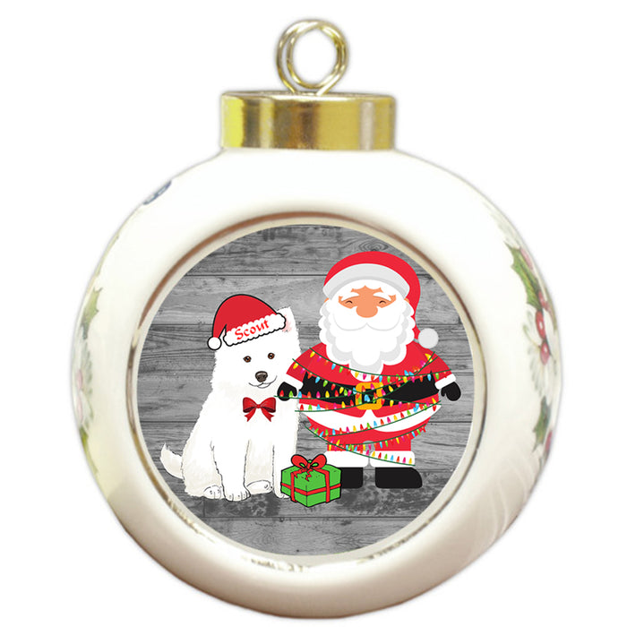 Custom Personalized American Eskimo Dog With Santa Wrapped in Light Christmas Round Ball Ornament