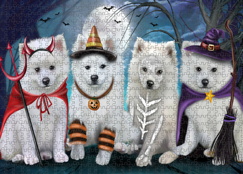 Happy Halloween Trick or Treat American Eskimo Dogs Portrait Jigsaw Puzzle for Adults Animal Interlocking Puzzle Game Unique Gift for Dog Lover's with Metal Tin Box