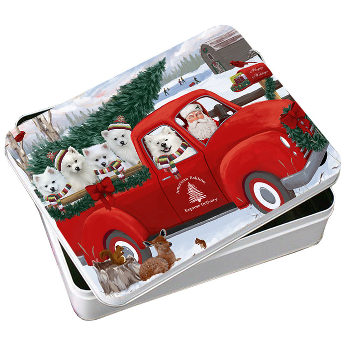 Christmas Santa Express Delivery American Eskimos Dog Family Photo Storage Tin PITN54942