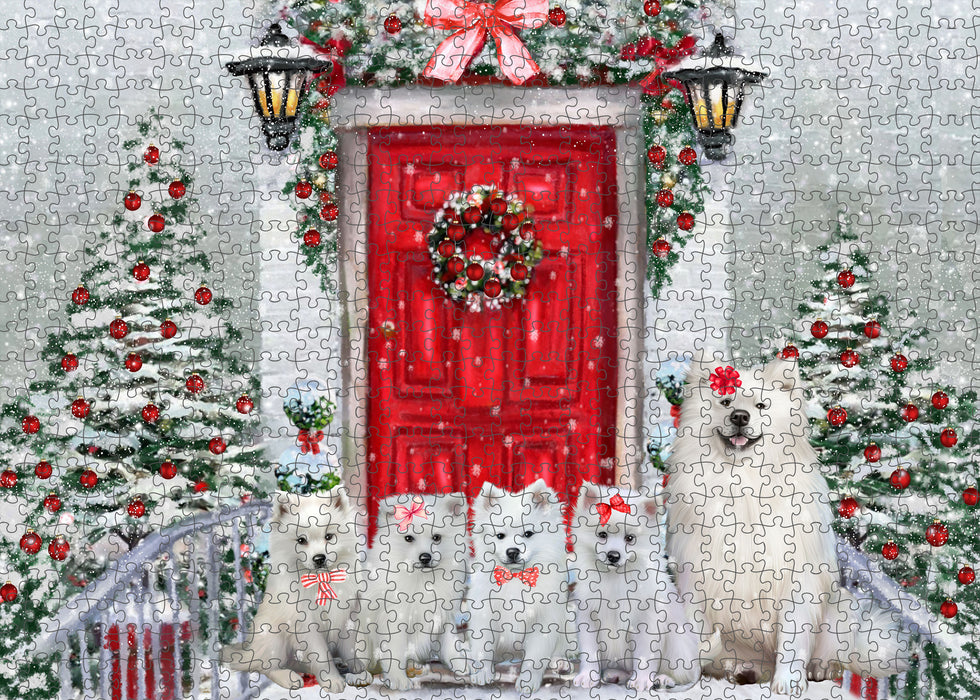 Christmas Holiday Welcome American Eskimo Dogs Portrait Jigsaw Puzzle for Adults Animal Interlocking Puzzle Game Unique Gift for Dog Lover's with Metal Tin Box
