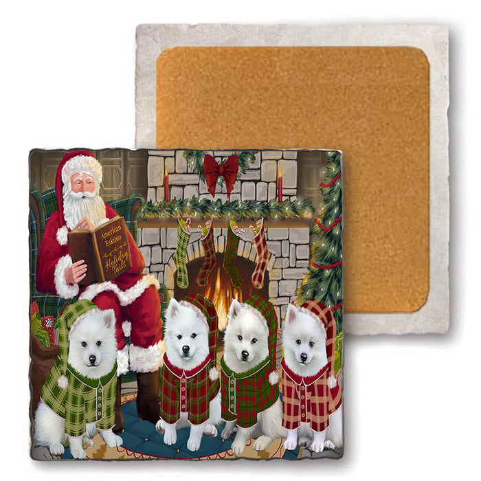 Christmas Cozy Holiday Tails American Eskimos Dog Set of 4 Natural Stone Marble Tile Coasters MCST50088