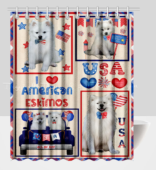 4th of July Independence Day I Love USA American Eskimo Dogs Shower Curtain Pet Painting Bathtub Curtain Waterproof Polyester One-Side Printing Decor Bath Tub Curtain for Bathroom with Hooks