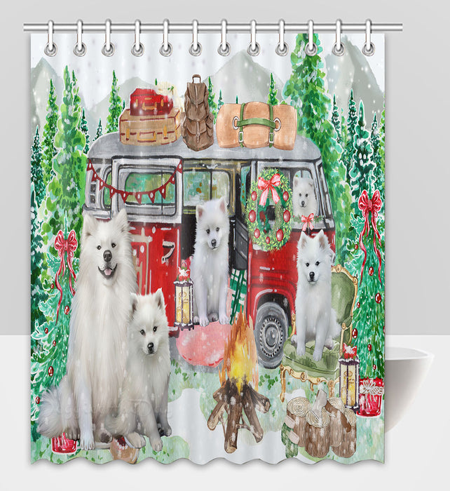 Christmas Time Camping with American Eskimo Dogs Shower Curtain Pet Painting Bathtub Curtain Waterproof Polyester One-Side Printing Decor Bath Tub Curtain for Bathroom with Hooks