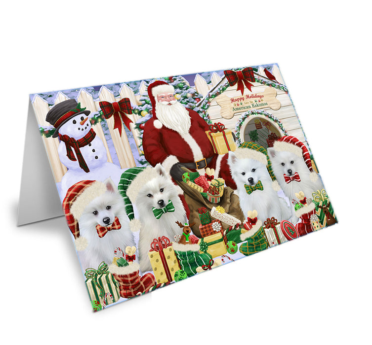 Happy Holidays Christmas American Eskimos Dog House Gathering Handmade Artwork Assorted Pets Greeting Cards and Note Cards with Envelopes for All Occasions and Holiday Seasons GCD57842