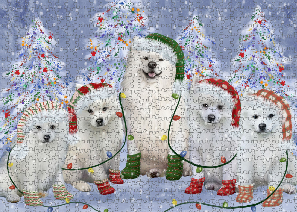 Christmas Lights and American Eskimo Dogs Portrait Jigsaw Puzzle for Adults Animal Interlocking Puzzle Game Unique Gift for Dog Lover's with Metal Tin Box