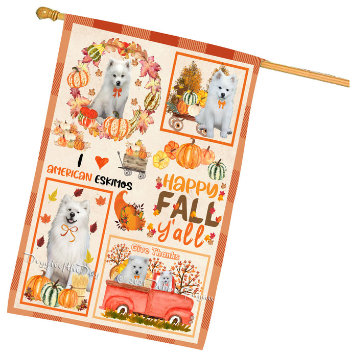 Happy Fall Y'all Pumpkin American Eskimo Dogs House Flag Outdoor Decorative Double Sided Pet Portrait Weather Resistant Premium Quality Animal Printed Home Decorative Flags 100% Polyester