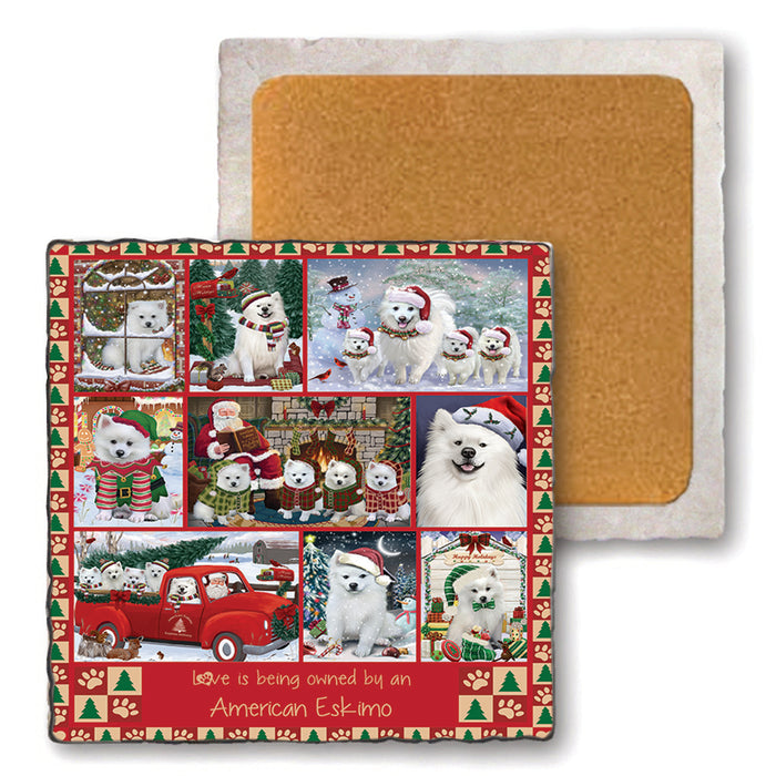 Love is Being Owned Christmas American Eskimo Dogs Set of 4 Natural Stone Marble Tile Coasters MCST52189