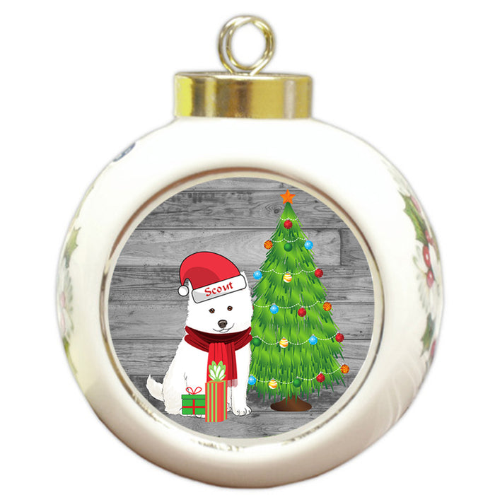 Custom Personalized American Eskimo Dog With Tree and Presents Christmas Round Ball Ornament