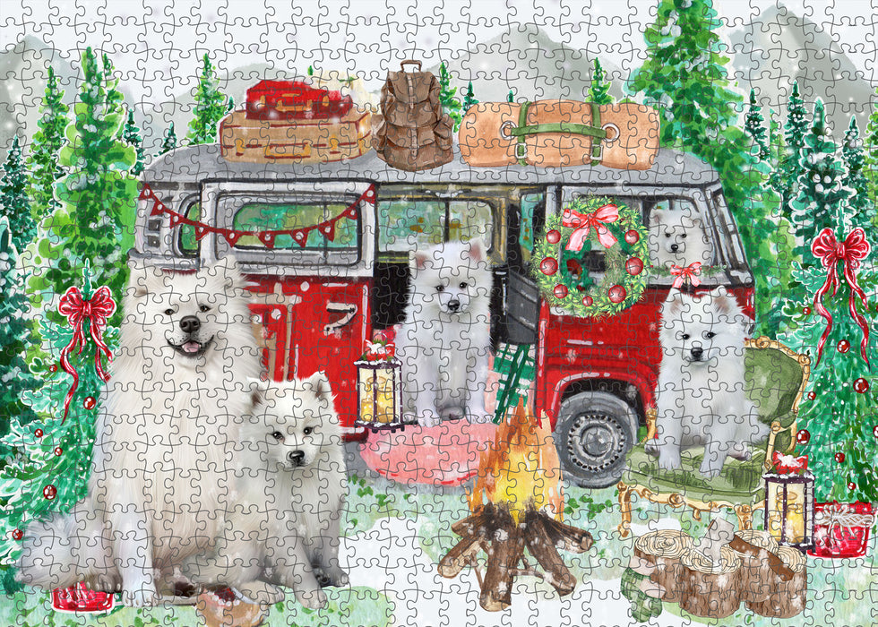 Christmas Time Camping with American Eskimo Dogs Portrait Jigsaw Puzzle for Adults Animal Interlocking Puzzle Game Unique Gift for Dog Lover's with Metal Tin Box