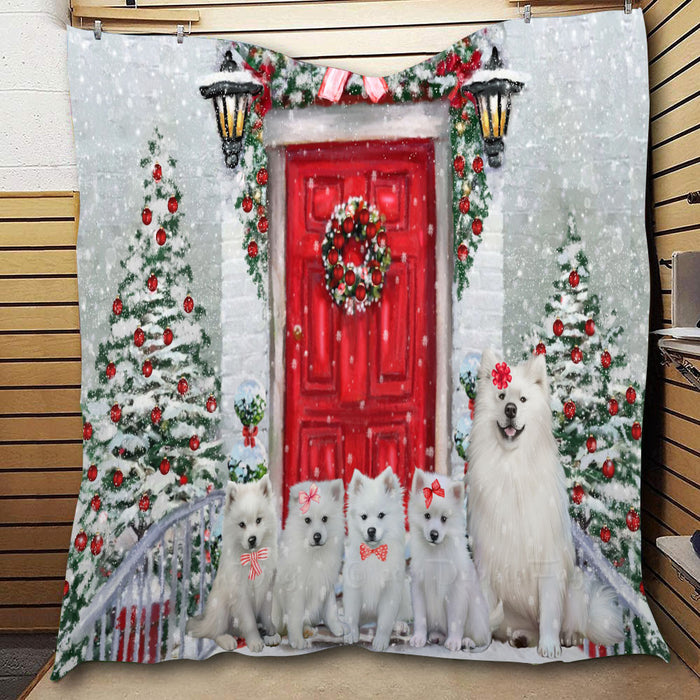 Christmas Holiday Welcome American Eskimo Dogs  Quilt Bed Coverlet Bedspread - Pets Comforter Unique One-side Animal Printing - Soft Lightweight Durable Washable Polyester Quilt