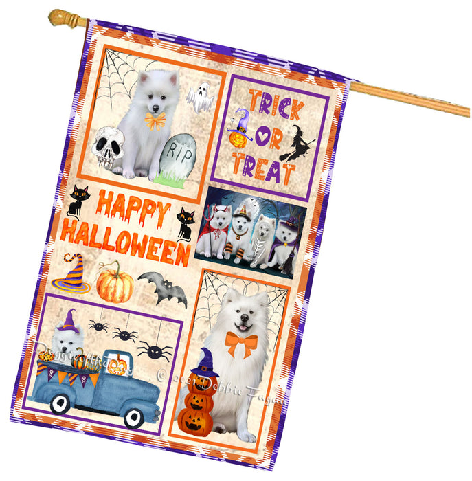 Happy Halloween Trick or Treat American Eskimo Dogs House Flag Outdoor Decorative Double Sided Pet Portrait Weather Resistant Premium Quality Animal Printed Home Decorative Flags 100% Polyester