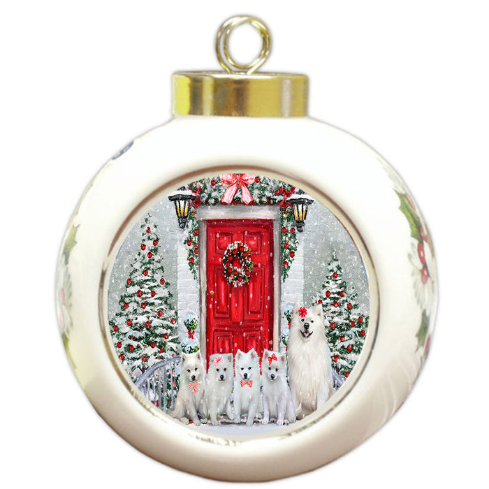 Christmas Holiday Welcome American Eskimo Dogs Round Ball Christmas Ornament Pet Decorative Hanging Ornaments for Christmas X-mas Tree Decorations - 3" Round Ceramic Ornament