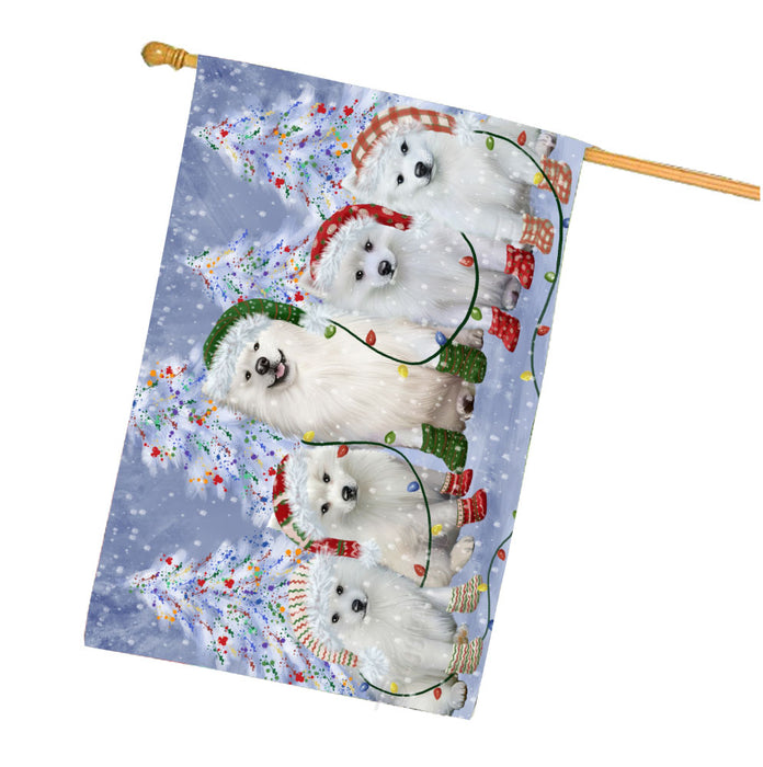 Christmas Lights and American Eskimo Dogs House Flag Outdoor Decorative Double Sided Pet Portrait Weather Resistant Premium Quality Animal Printed Home Decorative Flags 100% Polyester