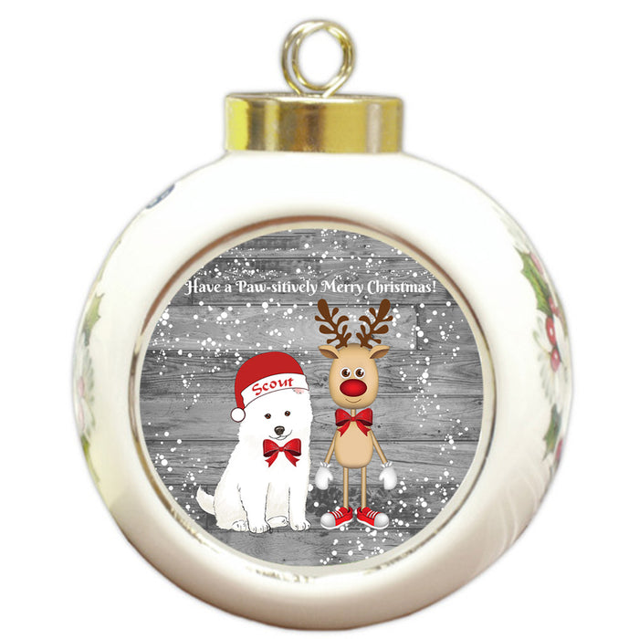 Custom Personalized American Eskimo Dog Reindeer and Pooch Christmas Round Ball Ornament