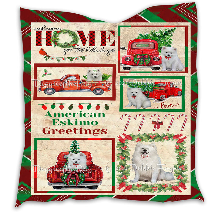 Welcome Home for Christmas Holidays American Eskimo Dogs Quilt Bed Coverlet Bedspread - Pets Comforter Unique One-side Animal Printing - Soft Lightweight Durable Washable Polyester Quilt