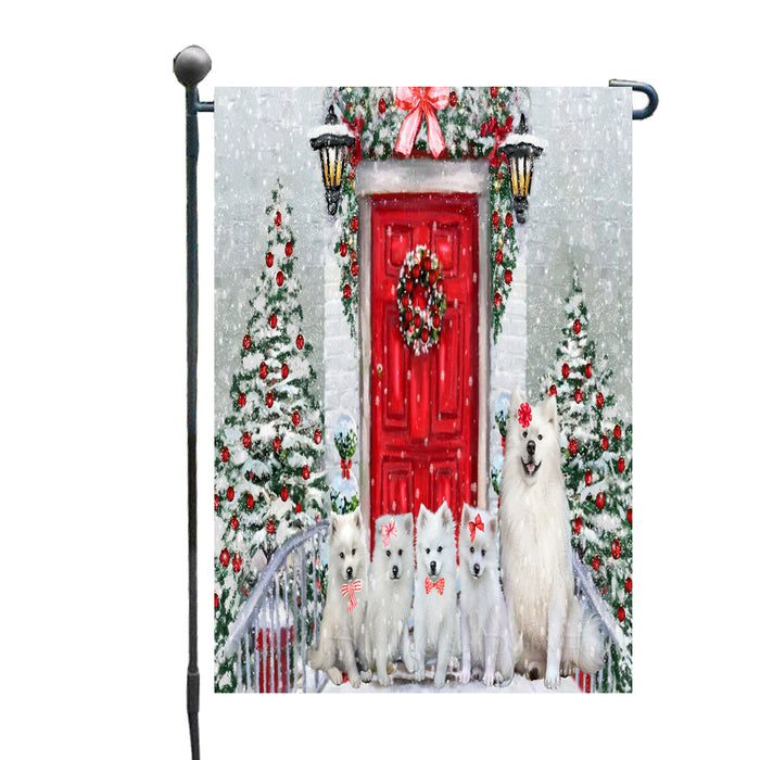 Christmas Holiday Welcome American Eskimo Dogs Garden Flags- Outdoor Double Sided Garden Yard Porch Lawn Spring Decorative Vertical Home Flags 12 1/2"w x 18"h