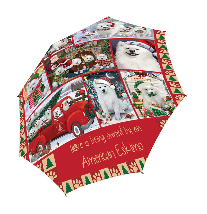 Love is Being Owned Christmas American Eskimo Dogs Semi-Automatic Foldable Umbrella