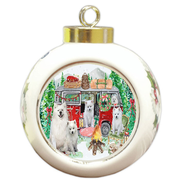 Christmas Time Camping with American Eskimo Dogs Round Ball Christmas Ornament Pet Decorative Hanging Ornaments for Christmas X-mas Tree Decorations - 3" Round Ceramic Ornament