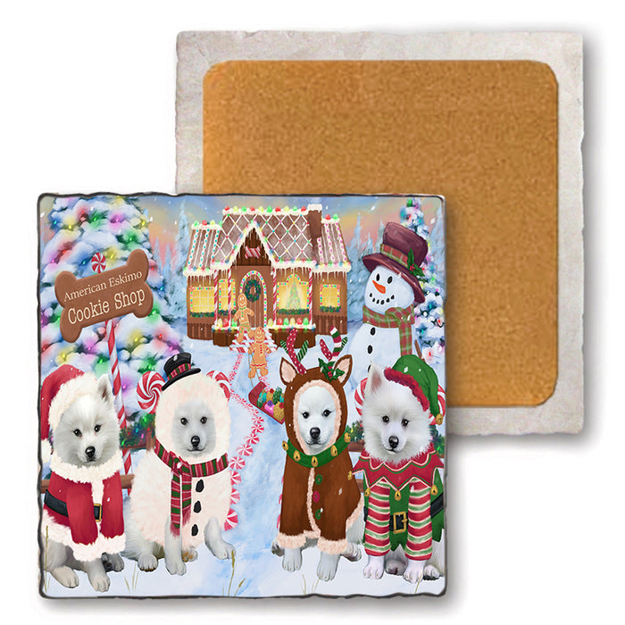 Holiday Gingerbread Cookie Shop American Eskimos Dog Set of 4 Natural Stone Marble Tile Coasters MCST51094