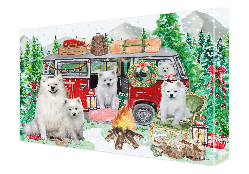 Christmas Time Camping with American Eskimo Dogs Canvas Wall Art - Premium Quality Ready to Hang Room Decor Wall Art Canvas - Unique Animal Printed Digital Painting for Decoration